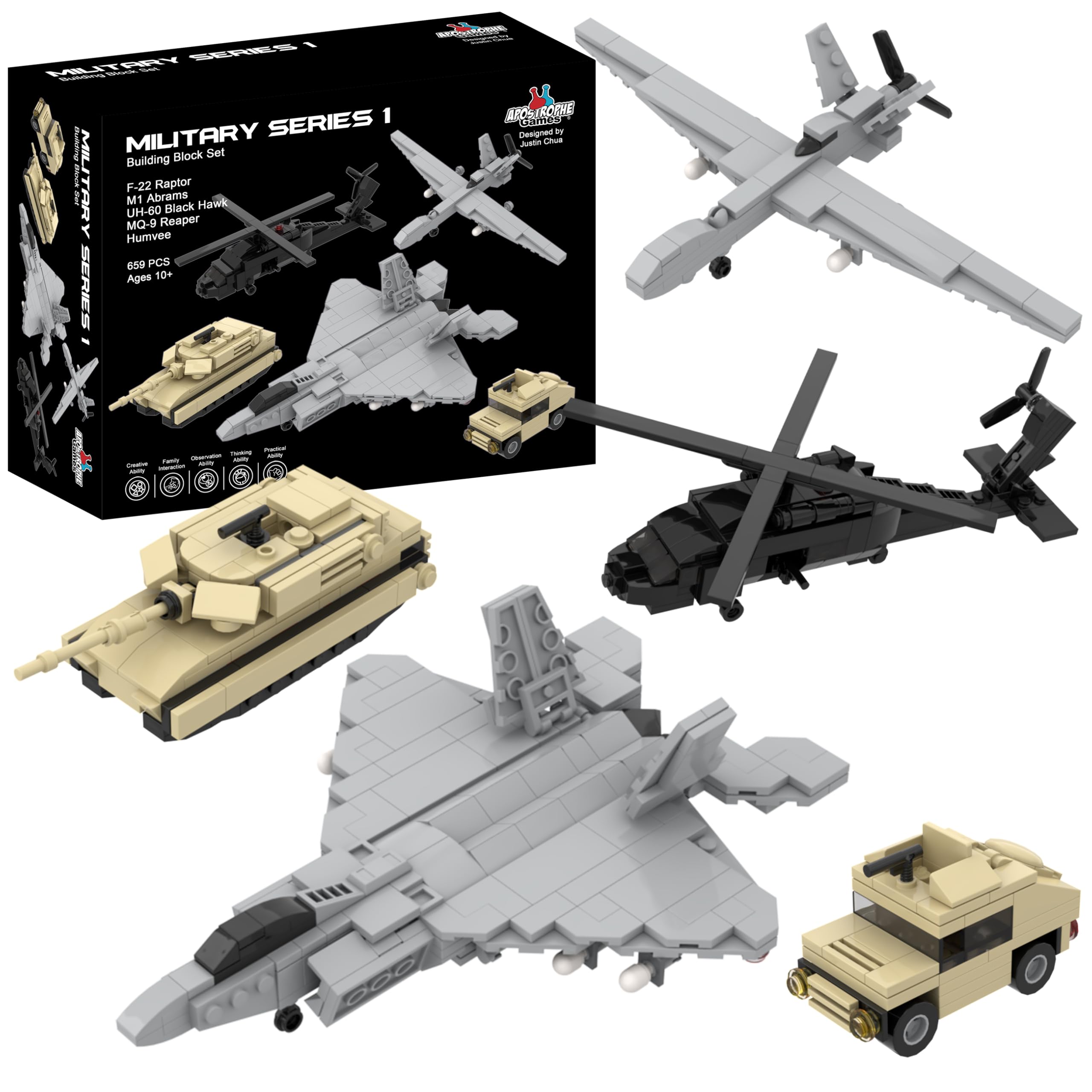 Apostrophe Games 5 militärische Bausteine Set (665 Stück) F-22 Raptor, M1 Abrams Tank, Black Hawk Hubschrauber, UAV Schnitter und Humvee Militär LKW, maßstabsgetreue Modelle