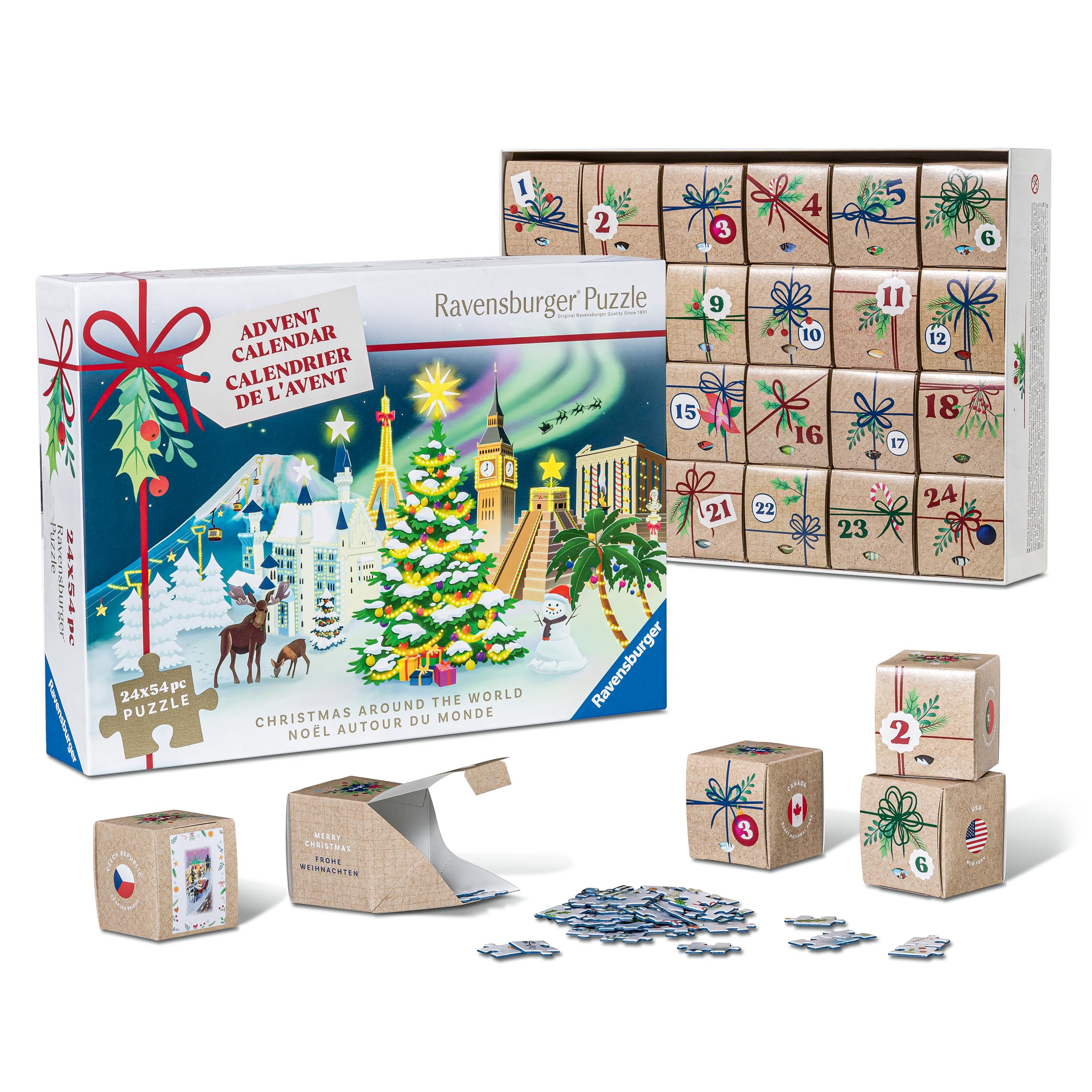 Ravensburger Puzzle-Adventskalender 12004246-24 Weihnachtspuzzle mit je 54 Teilen, alle 24 Motive können nach Belieben aneinander gepuzzelt werden, für Erwachsene und Kinder ab 12 Jahren